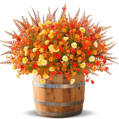 TURNMEON 12 Bundles Artificial Fall Flowers for Outdoors Fall Decorations, UV Resistant Fake Mums Faux Fall Plants Plastic Orange Boston Fern Eucalyptus Home Garden Porch Autumn Thanksgiving Decor - color: Mix Orange Brown Yellow, size: 12 Bundles
