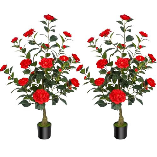 2Pack 35.43" Artificial Camellia Trees with 24 Red Flowers in Cement Pots – Lifelike Fake Trees for Front Porch, Home, Indoor Outdoor Spring Decor, Office or Housewarming Gifts - color: Red, size: 35.43 inchx2