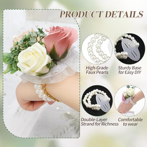 Corsage Wristlet,Elastic Double-Strand Pearl Corsage Wristlet Band for Women,Wrist Corsage Bracelets for Wedding Party Decorations,Graduation Party,DIY Handmade Flower Supplies - size: 8PCS