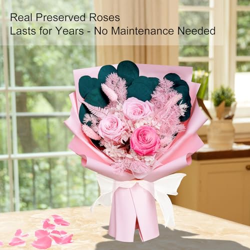 Bonsion Preserved Flowers Gifts for Women, Flower for Delivery, Pink Roses Gifts fo Her, Preserved Roses Bouquets, Birthday Gifts for Grandma, Mothers Day Flowers for Wife - color: Pink
