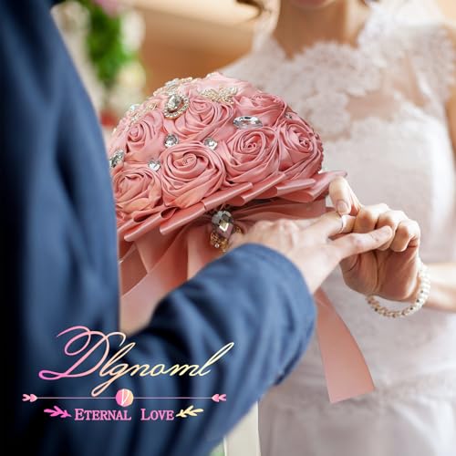 Artificial Everlasting Flower Hand Bouquet for Weddings and Photo Shoots, Crystal Peplum, Pink Rose Satin, Pearl Embellishments, Ribbon to Match, No Watering (Pink) - color: Expensivepink