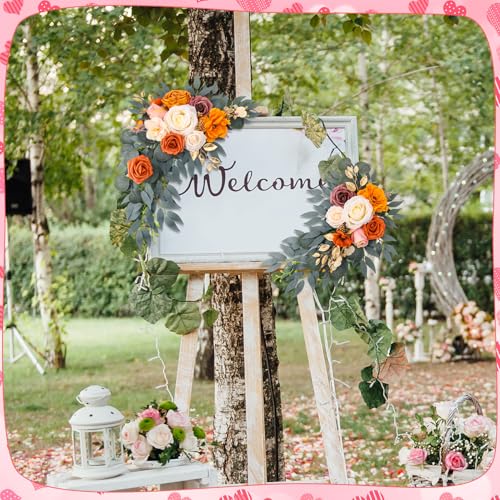 2 Pcs Wedding Arch Decorations - Reusable Artificial Hanging Flowers Floral Swag Greenery Garland for Wedding Welcome Sign Backdrop Bridal Ceremony Reception Backdrop Decoration(Orange) - color: Orange