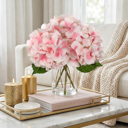DILATATA Hydrangea Artificial Flowers with Glass Vase, Pink Real Touch Silk Hydrangea Arrangement with Faux Water, Small Faux Floral Centerpiece for Home Decor, Wedding, Bathroom, Shelf, Coffee Table - color: Pink-hydrangea