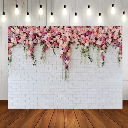 8x8ft White Brick Wall Flowers Background Spring Theme Photography Backdrop for Mother's Day Valentine Wedding Bridal Baby Shower Birthday Party Decor Banner Portrait Photo Booth Prop 134……… - size: 8x8ft