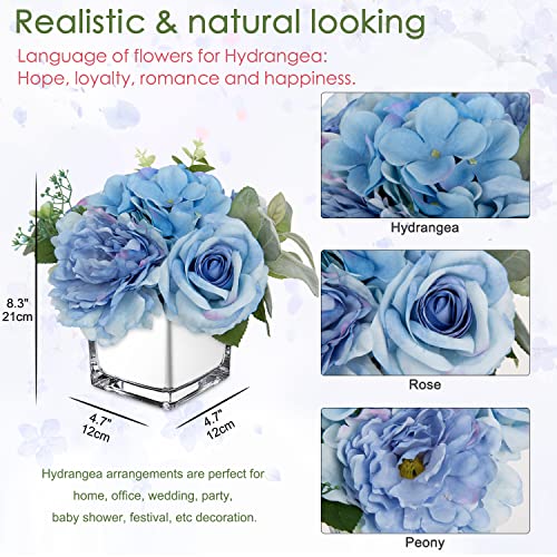 GnFlus Artificial Flowers in Vase Fake Silk Hydrangea Rose Flower Arrangement Faux Potted Flowers for Indoor Home Bathroom Office Table Shelf Decor, Blue - color: Blue, size: 3-in-1