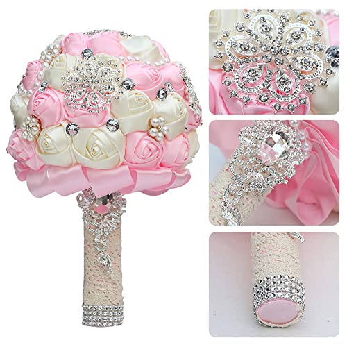 Sharebeauty 7.9 Inch Handmade Satin Rose Bridal Bouquet Toss Round Wedding Bouquet Throw Toss Artificial Flower Bunch Pink + Ivory - color: W3217d15 Pink/Ivory