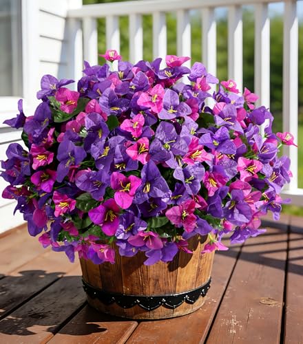 Bougainvillea Artificial Flowers Faux Plants for Outdoors Spring Porch Decor, 4 Bundles UV Resistant Outdoor Fake Bougainvillea Realistic Silk Outside Flowers for Patio Window Planters Garden Home - color: Purplefuchsia