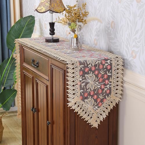 Lace Table Runner Floral Embroidery Fabric Rustic Table Runners Elegant Chic Table Transparent Cover for Home Dining Room Tabletop Decor Wedding Party Dresser (Champagne&Pink, 40 x 40 Inch(Round) - color: Champagne&pink, size: 40 x 40 Inch