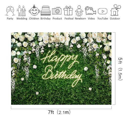 Riyidecor Happy Birthday Backdrop for Women Neon Flower Wall White Rose Green Leaves Floral Blossom Botanical Plant 7Wx5H Feet Nature Photography Background Girls Photo Studio Shoot Polyester Fabric - color: A-Birthday （White Rose）, size: 7Wx5H