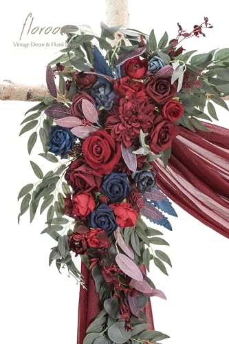 Floroom Arch Flowers with Drapes Kit (Pack of 4) - 2pcs Artificial Burgundy & Navy Blue Floral Swag Arrangement with 2pcs Draping Fabric for Wedding Ceremony Arbor and Reception Backdrop Decoration - color: Burgundy & Navy Blue