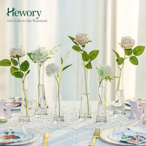 Hewory Glass Bud Vases for Centerpieces Set of 6, Handmade Modern Clear Small Skinny Decorative Single Flower Vase, Minimalist Slim Floral Vase for Home Wedding Party Events Table Decor, 9.64" - size: 9.64in
