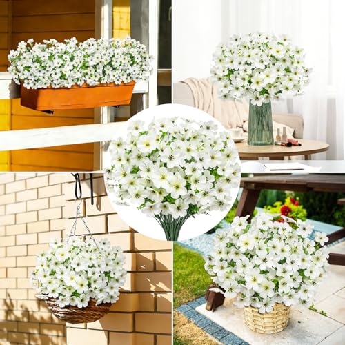20 Bundles Artificial Flowers for Outdoors, Fake Violet Flowers Silk Realistic UV Resistant Faux Artificial Plants Outdoors for Window Box Garden Patio Front Porch Home Indoor Outside Decorations - color: White