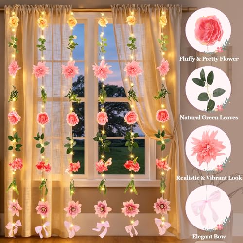 Livole 6Pcs 36Ft Hanging Flower Garland with Light Pink Wildflower Garlands Backdrop Silk Rose Fake Floral Vines with Hooks for Spring Party Wedding Birthday Anniversary Arch Wall Garden Decor - color: Pink With Light, size: 6Pcs