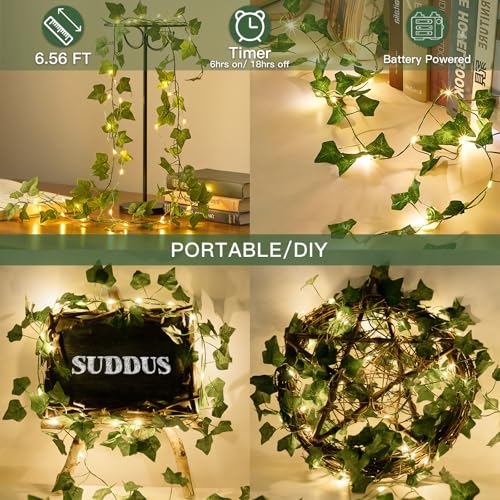 suddus Fake Vines with Lights Battery Operated, 20 LED 6.56FT Ivy Garland Fairy Lights with Timer, Leaf String Lights for Bedroom,Room,Window,Wall,Party,Garden,Wedding Indoor Decor (Warm White) - color: Ivy, size: 20 LED-Copper Wire Battery-Powered
