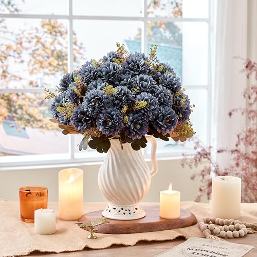 18 Heads Ink Blue Artificial Chrysanthemum Flowers Fake Mums Ink Blue Kiku Gothic Flowers Bouquet Silk Chrysanthemums for Indoor Outdoor Table Centerpiece Vase Pots Decoration, 2 Pcs - color: Dark Blue Chrysanthemum