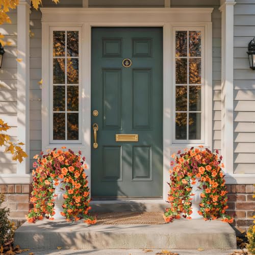 INQCMY Artificial Fake Fall Flowers Plants for Outdoor Decoration,2 PCS Faux Silk Morning Glory with Eucalyptus Leaves,UV Resistant Realistic Outdoor Flowers for Balcony Porch Patio Yard Garden - color: C Orange Brown