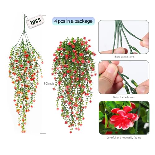 SJL Artificial Hanging Plant 4pcs Fake Hanging Plants Greenery Decor Plastic Flower Artificial Plants Indoor Fern Ivy Leaves Flowers Real Touch Stem for Wedding Party Outside Home (Red) - color: Red