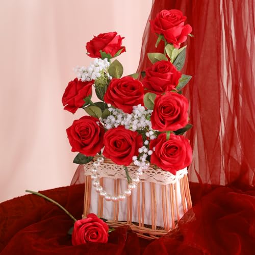 Veryhome Artificial Flowers Silk Roses Fake Bridal Wedding Bouquet for Home Garden Party Floral Decor 10 Pcs (Red Curved stem) - color: Blooming Rose - Red