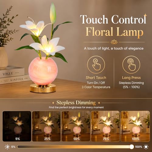 Lily Table Lamp, 3 Color Planet Night Light, Rechargeable Cordless Touch Dimming Artificial Flower Light, LED Flower Bedside Lamp Romantic Gifts for Girl Women Mom (White Lily - Pink Vase) - color: White Lily - Pink Vase
