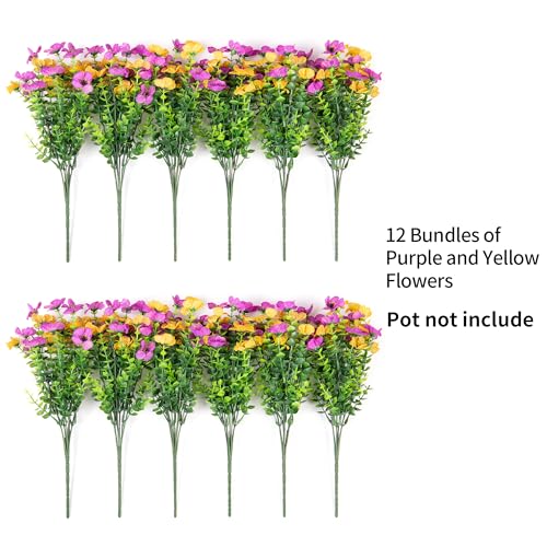 Artificial Fake Mums Flowers for Outdoor Spring Summer Decor, 12 Bundles Faux Silk Plants Daisy for Planter Pot Colorful UV Resistant Look Real for Front Door Porch Patio Outside Yard(Purple Yellow) - color: Purple Yellow
