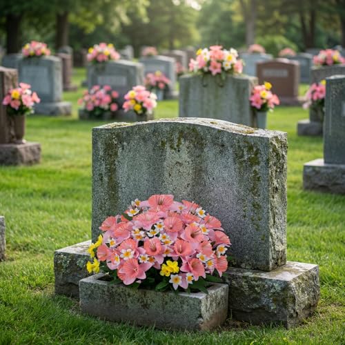 4PCS Flowers for Cemetery, Pink Artificial Daffodils 18" UV Resistant Grave Decorations, Faux Spring Floral Arrangements Memorial Flowers for Gravesite Headstone Vase, Outdoor Grave Site Decor - color: Pink-4pcs