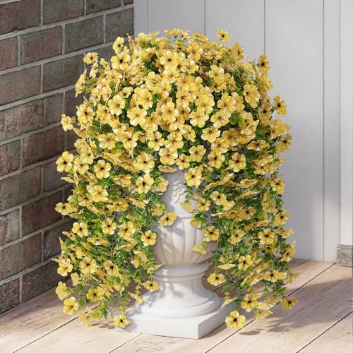 GLIDLION 4 PCS Artificial Morning Glory & Eucalyptus for Outside, Realistic Sun Resistant Fake Silk Hang Flower Faux Eucalyptus Leave for Patio Farmhouse Garden Porches Balcony Decor (Yellow) - color: Yellow