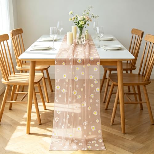 Daisy Gauze Table Runner 120 Inch 10FT, Floral Flower Tulle Table Runner Seasonal Kitchen Dining Table Decorations for Party Wedding Christmas Holiday Birthday (Pink) - color: Pink