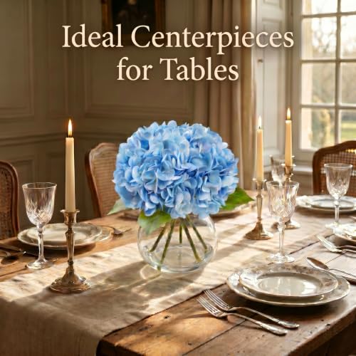 Hydrangea Artificial Flowers with Vase, Real Touch Latex Fake Hydrangeas Spring Stem Leaves Bouquet with Faux Water, Realistic Faux Flower for Home Office Bedroom Table Centerpiece Decor Blue - color: Blue