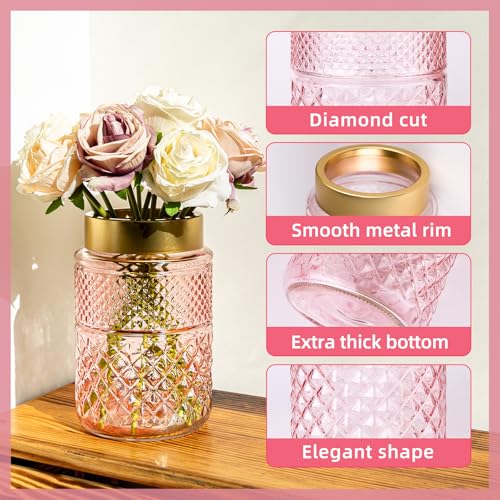 2-Pack Flower Vase Glass, 7.6 '' Pink Fluted Vase with Golden Metal Top, Valentine's Day Stylish Decorative Vases for Tabletop Centerpiece, Kitchen, Living Room, Bedroom, Bathroom, Gift for Mom - color: Pink