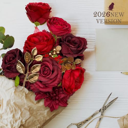 Red Artificial Flowers Home Decorations Combo Set Fake Flowers Silk Roses for DIY Wedding Bouquets Home Decorations Change Centerpieces Arrangements Baby Shower Party Bridal - color: Red&pink
