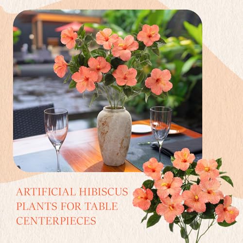 Hotop 3 Pack Artificial Hibiscus Flowers 33"x13" Silk & Plastic Tropical Bouquets Lifelike Blooms with Bendable Stems Faux Hawaiian Flowers for Home Living Room Wedding Patio (Orange) - color: Orange