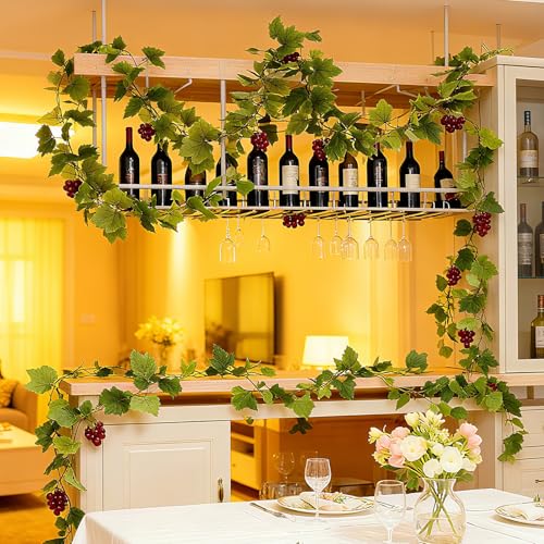 Artificial Grape Vine Leaf Garland Plant with 5 Strings Grapes, 6.5ft Artificial Fake Grape Vines Fake Greenery for Wedding Party Home Indoor Outdoors Decoration(Spring Grape Leaf Garland) - color: Spring Grape Leaf-2pcs