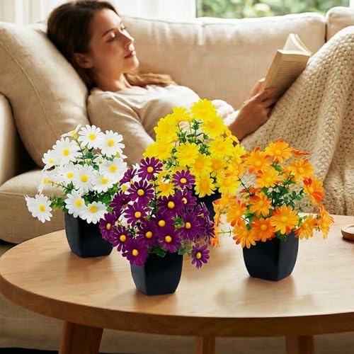 LOYWREE 4 Pack Small Faux Plants Spring Artificial Daisy Flowers Fake Plants Indoor Bathroom Accessories for Home Room Office Desk Decor(Black Square Pot) - color: Mums, size: Black Pot