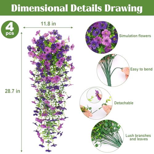 4 Pcs Artificial Hanging Flowers for Outdoor, Fake Silk Daisy Flowers Spring Summer Decoration UV Resistant Faux Plants for Planter Front Door Porch Patio Balcony Yard Decor, Double Purple - color: Double Purple