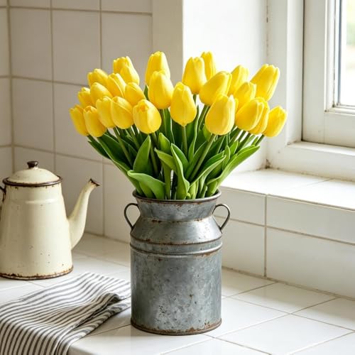 PU Real Touch Tulips Artificial Flowers 30Pcs Fake Flowers Arrangement Bouquet for Home Office Wedding Decoration (Yellow) - color: Yellow 30pcs
