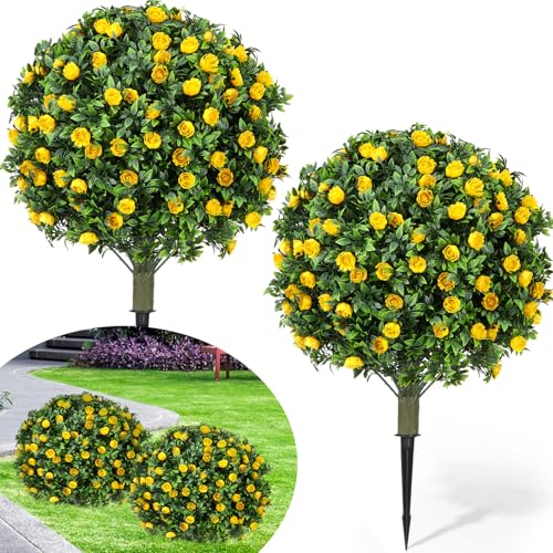 Lunmon 2 Pack 24" Artificial Topiary Ball Plants Trees with Flowers, Outdoor Fake Topiary Plants with Ground Spike, UV Resistant Faux Bushes for Indoor Outdoor Front Door Decor(Yellow,Rose) - color: Yellow, style: Rose