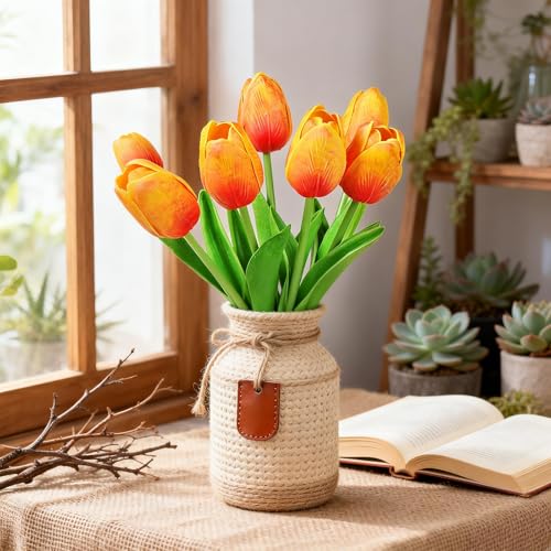 Artificial Tulips Bridal Wedding Festival Decor Bouquet Real Touch PU Flower Bouquet Pack of 20 (Yellow-Red) - color: Yellow-red