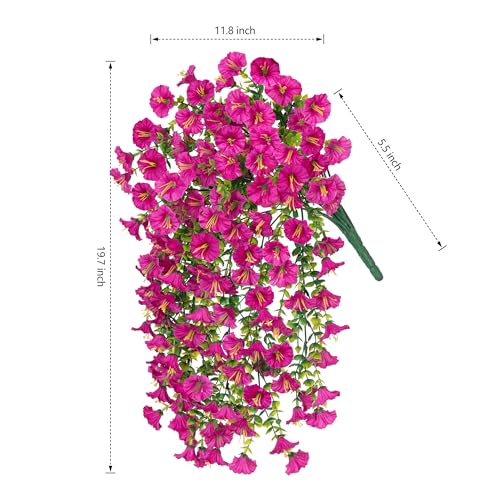 Artificial Faux Hanging Flowers Plant for Outdoor Decor,2 PCS Fake Silk Morning Glory with Eucalyptus UV Resistant Realistic Trailing Vine for Wall Home Porch Patio Balcony Yard Indoor Decor, Fuchsia - color: Fuchsia