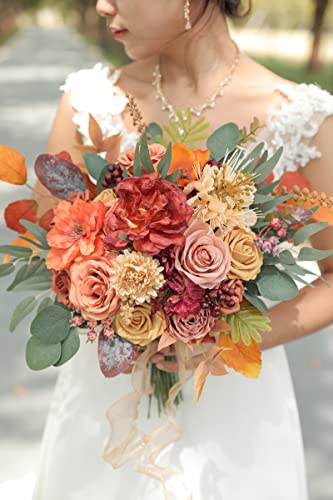 rongflower Artificial Flowers Combo Box Set Burnt Orange Fake Flower Leaf Box with Stems for DIY Wedding Bouquets Centerpieces Arch Arrangement Baby Shower Party Home Decorations - color: Burnt Orange