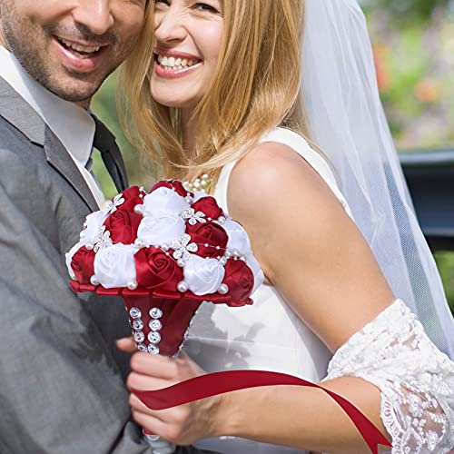 7Inch Handmade Wedding Flowers Bridal Bouquets Crystal Bride Holding Bouquet White Ivory Satin Roses with Diamond Pearl Ribbon.(WineRed) - color: Winered