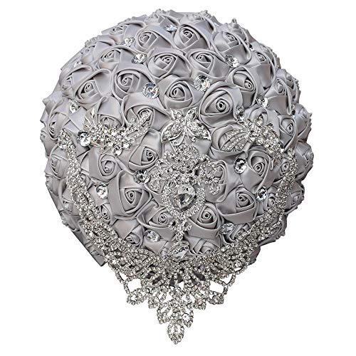 Handmade Luxury Wedding Bridal Bouquet Large Silk Rose Holding Toss Artificial Flowers Bouquets with Satin Ribbon Pearls Rhinestone for Bride Vintage Royal Wedding Bouquet (Silver) - color: Silver