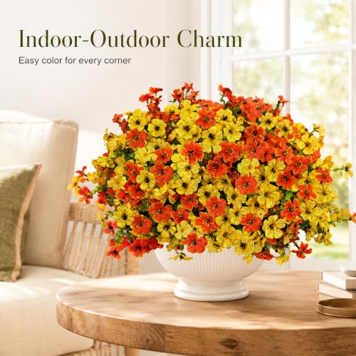 Artificial Flowers for Outdoors UV Resistant, 12 Bundles Realistic Faux Daisy with Eucalyptus Leaves Fake Plants for Porch Patio Planter Garden Decoration (Orange Yellow) - color: Orange Yellow