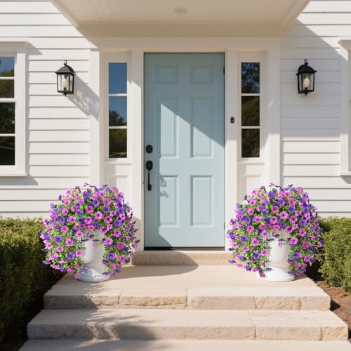 Artificial Fake Flowers Plants for Outdoor Spring Summer Decoration, 2 PCS Faux Silk Daisy Flowers No Fade UV Resistant Realistic for Outside Home Planter Porch Patio Balcony Yard Decor (Purple) - color: Double Purple