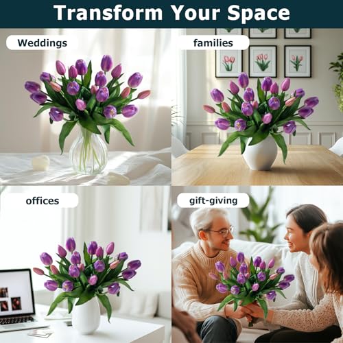 Bailikang 20PCS Fake Tulips 12' Artificial Tulip Silk Flowers Fake PU Bouquet Artificial Flowers Faux Flowers with Gift Box Soft Faux Tulips Bouquets Arrangements for Party Wedding Home - color: Purple