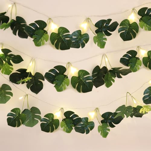 RECUTMS Monstera Leaves String Lights 1P 20LEDs Artificial Tropical Palm Leaf Battery Operated Hanging Rattan Light Faux Greenery Vines for Hawaiian Party Luau Jungle Beach Summer Indoor Outdoor Decor - color: Monstera Leaves Lights Green 1p