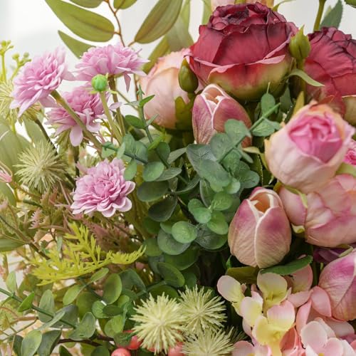 17-inch Artificial Fake Flowers Silk Flower Arrangements Faux Bouquets with Roses, Tulips, Calliopsis, Dahlias, Hydrangeas, Sages, Dandelions, Eucalyptus and Berry Bead Branch - color: Lilac Whisper