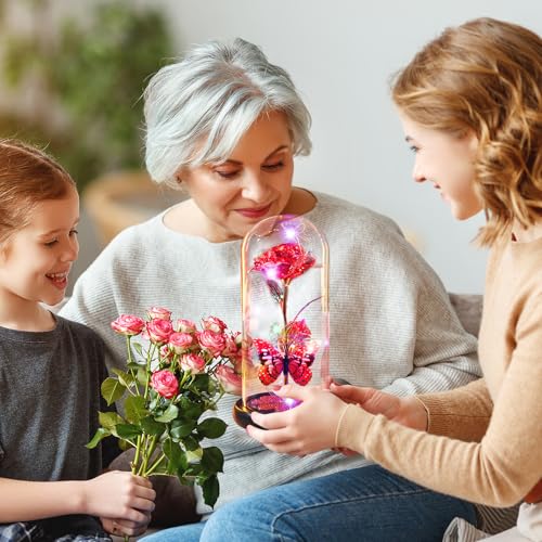 Mothers Day Rose Gifts for Mom Birthday Gift for Women Galaxy Glass Rose in Glass Dome Forever Eternal Crystal Roses with Butterfly Mother's Day Flower Gifts for Women Wife Grandma Daughter Sister Red - color: E Red