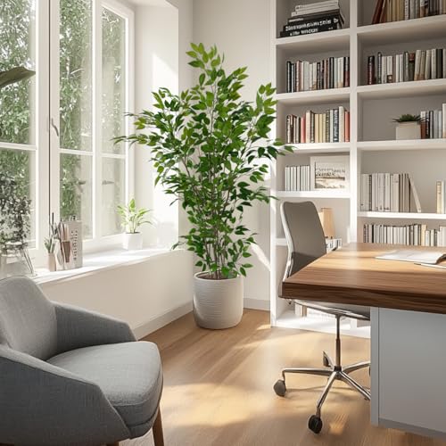 6ft Artificial Ficus Tree with White Plastic Planter | Collapsible trunk structure enables quick assembly and compact space-saving storage - color: Green, size: 6ft