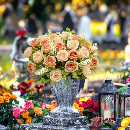 TURNMEON 40 Heads Fake Roses Artificial Flowers for Outdoors Summer Decor, 4 Bouquets UV Resistant Fake Cemetery Flower Bouquet Faux Silk Roses for Wedding Birthday Home Cemetery Decor(Champagne) - color: Champagne