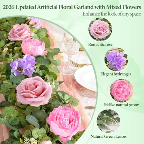 Livole 6 FT Artificial Flower Garland Real Touch Fake Pink Floral Rose Peony Garland with Eucalyptus Flower Hanging Vine for Wedding Table Centerpieces Backdrop Party Arch Home Decorations - color: Pink, size: 1 Pc